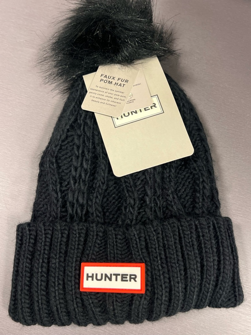 Hunter Black Faux Fur Pom Beanie